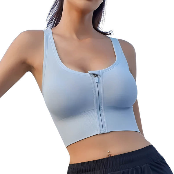 Easelyn Front-Zip Crossback Sports Bra in Blue