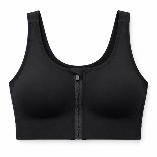 Easelyn Front-Zip Crossback Sports Bra in Black