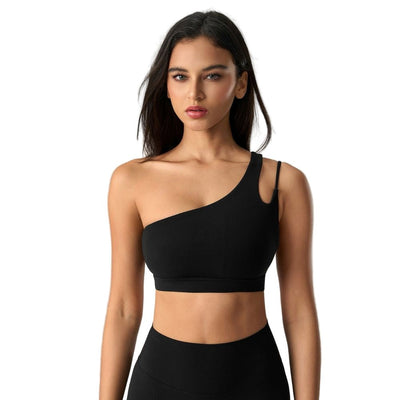 Easelyn Asymmetric One-Shoulder Sports Bra in Black
