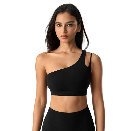 Easelyn Asymmetric One-Shoulder Sports Bra in Black