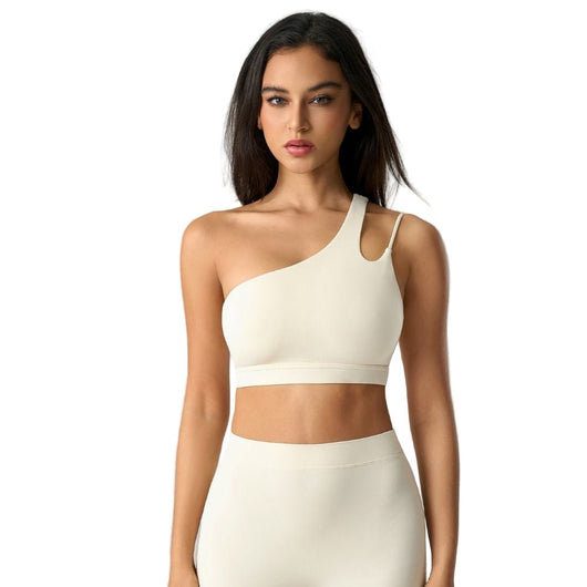 Easelyn Asymmetric One-Shoulder Sports Bra in Beige