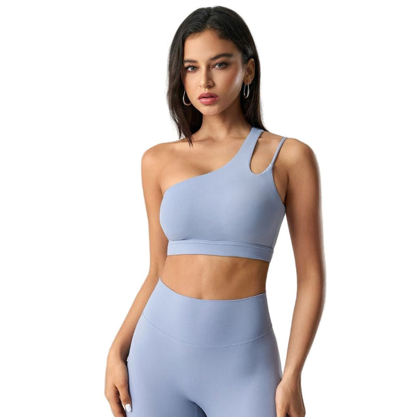 Easelyn Asymmetric One-Shoulder Sports Bra in Blue