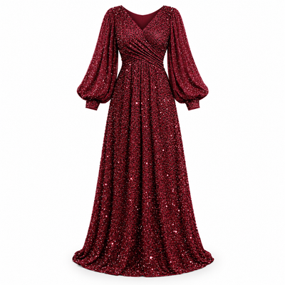 Easelyn Plus-Size Lantern-Sleeve Sequin Maxi Dress in Red