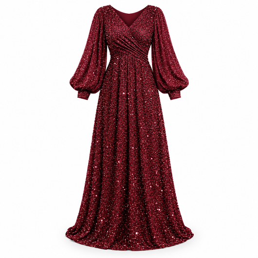 Easelyn Plus-Size Lantern-Sleeve Sequin Maxi Dress in Red
