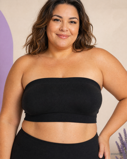 Plus-size woman in black Easelyn HoldFast strapless bandeau bra