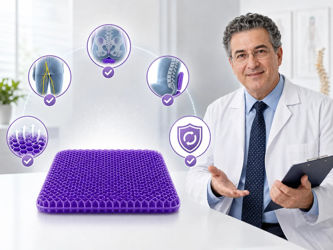 Doctor pointing at a purple CellGel honeycomb cushion with simple proof objects representing support, airflow, multi-chair use, and trial confidence.