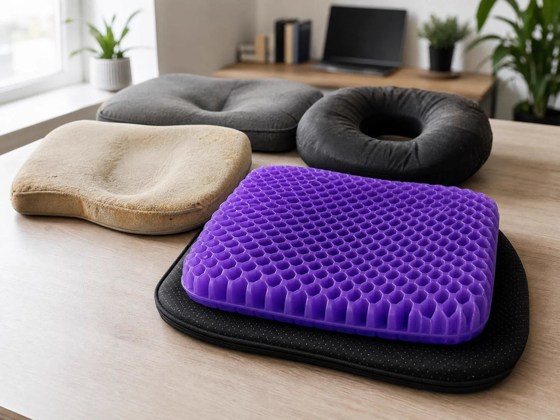 Flattened foam cushions and a donut cushion beside a purple CellGel honeycomb cushion.