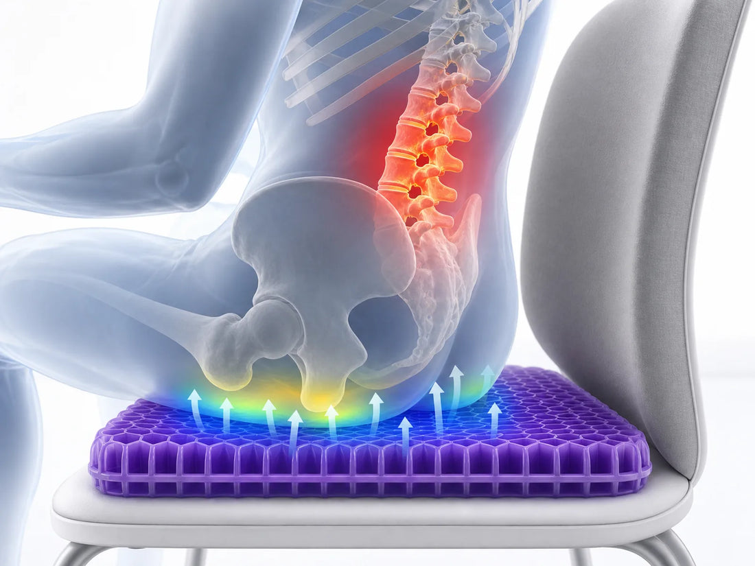 Office worker sitting on a purple CellGel cushion during a long workday at a desk.