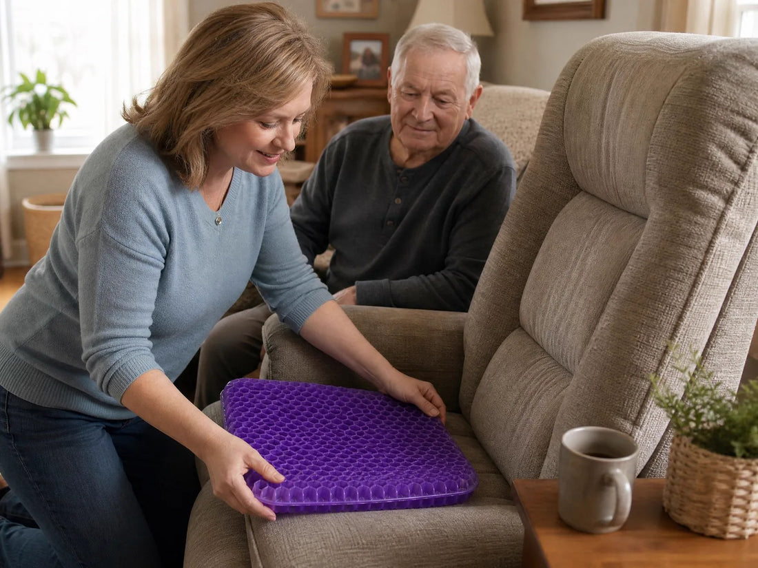 Adult daughter placing a CellGel cushion on a recliner for an older parent who sits for long stretches.