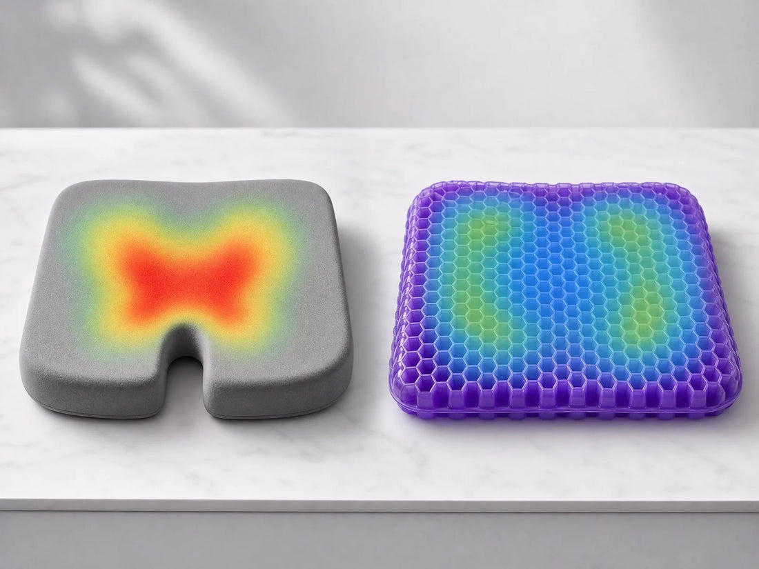 Pressure map comparison showing concentrated pressure on foam versus distributed pressure across a CellGel cushion.