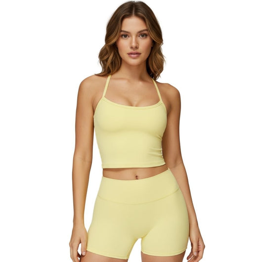 Easelyn Strappy Built-In Bra Tank in yellow, front view