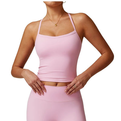 Easelyn Strappy Built-In Bra Tank in pink, front view