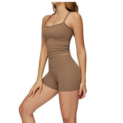 Easelyn Strappy Built-In Bra Tank in khaki, three-quarter view