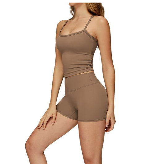 Easelyn Strappy Built-In Bra Tank in khaki, three-quarter view