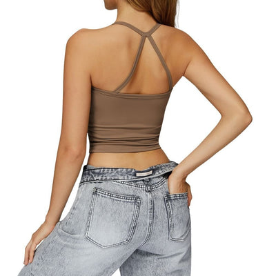 Easelyn Strappy Built-In Bra Tank in khaki, back view showing the crossback straps