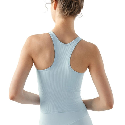 Easelyn Ribbed Racerback Built-In Bra Tank in blue, back view showing the racerback