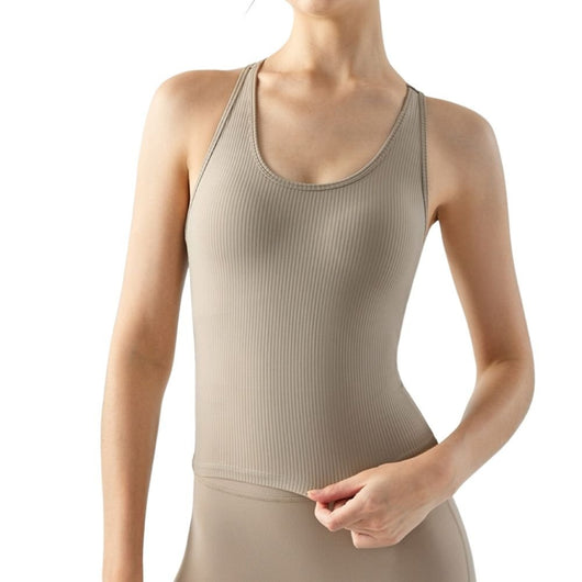 Easelyn Ribbed Racerback Built-In Bra Tank in khaki, front view