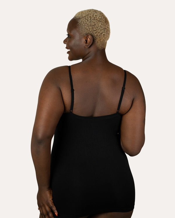 Easelyn Padded Spaghetti-Strap Camisole in black, back view