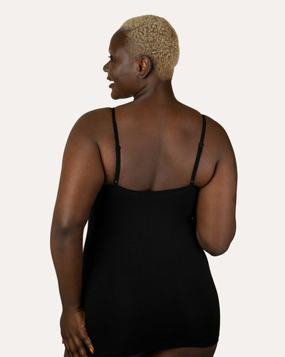 Easelyn Padded Spaghetti-Strap Camisole in black, back view