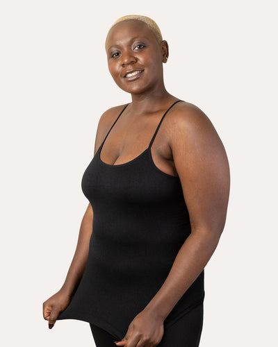 Easelyn Padded Spaghetti-Strap Camisole in black, front view