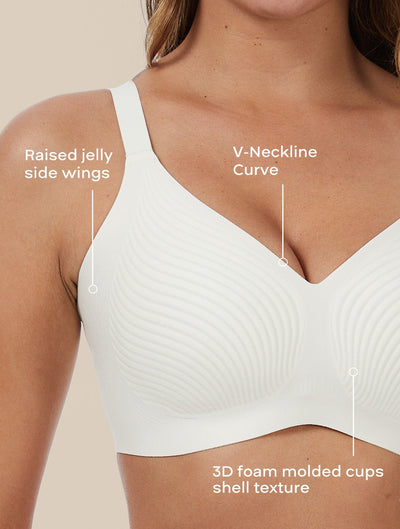 Easelyn Wireless Seamless Minimizer Bra feature guide: raised side wings, V-neckline, molded cups