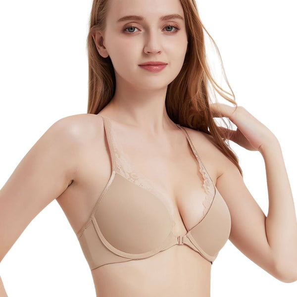 Easelyn Lace-Trim Front-Closure Bra in nude, front view