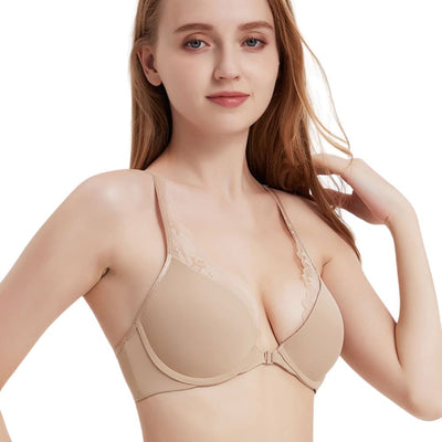 Easelyn Lace-Trim Front-Closure Bra in nude, front view