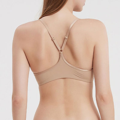 Easelyn Lace-Trim Front-Closure Bra in nude, back view showing the racerback