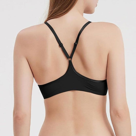 Easelyn Lace-Trim Front-Closure Bra in black, back view