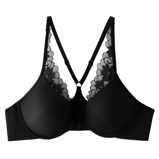 Easelyn Lace-Trim Front-Closure Bra in black, product view
