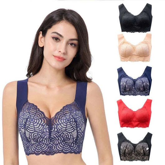 Easelyn Wire-Free Lace Comfort Bra in navy, with every color shown