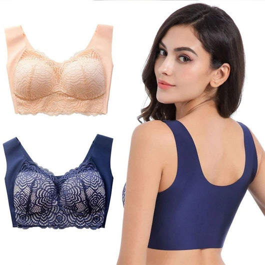 Easelyn Wire-Free Lace Comfort Bra back view, shown in navy and beige
