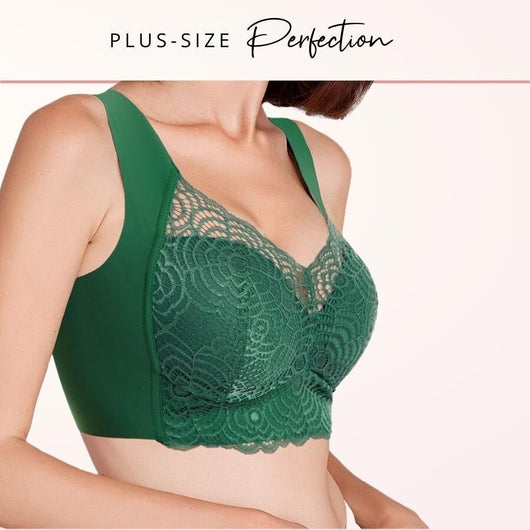 Easelyn Wire-Free Lace Comfort Bra in green, plus-size fit