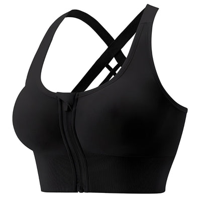 Easelyn Front-Zip Crossback Sports Bra in black, angled view showing the crossback straps