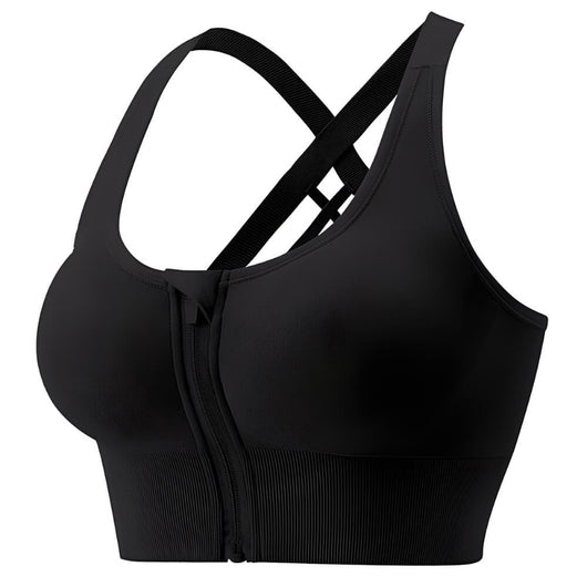 Easelyn Front-Zip Crossback Sports Bra in black, angled view showing the crossback straps