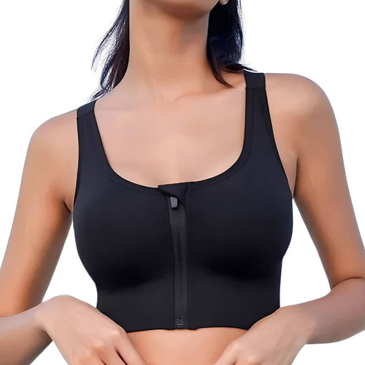 Easelyn Front-Zip Crossback Sports Bra in black, front zip close-up