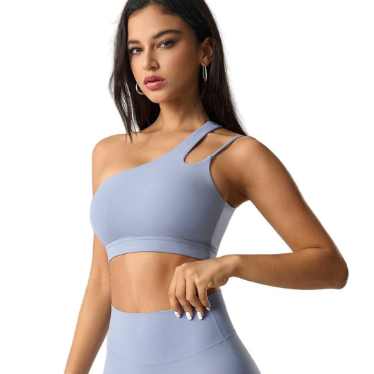 Easelyn Asymmetric One-Shoulder Sports Bra in blue, front view