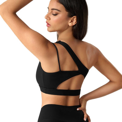 Easelyn Asymmetric One-Shoulder Sports Bra in black, back view