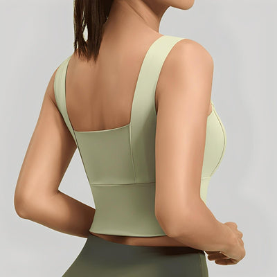 Easelyn Square-Neck Sports Bra in sage green, back view