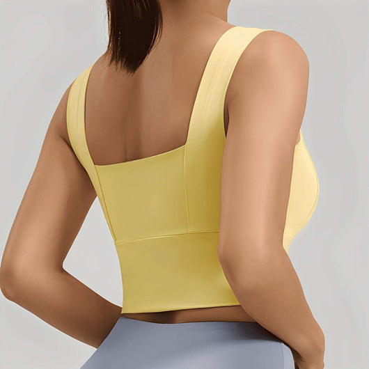 Easelyn Square-Neck Sports Bra in yellow, back view