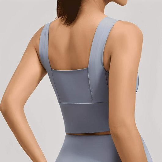 Easelyn Square-Neck Sports Bra in blue-gray, back view