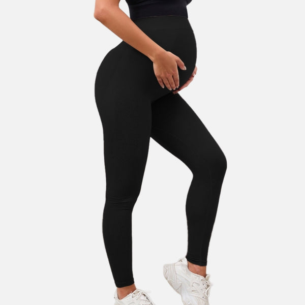 Easelyn Over-Bump Maternity Leggings in black, side view over the bump