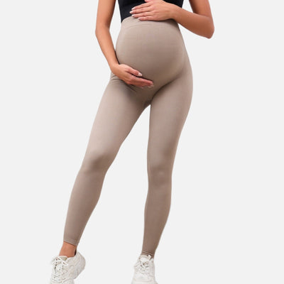 Easelyn Over-Bump Maternity Leggings in beige, front view over the bump