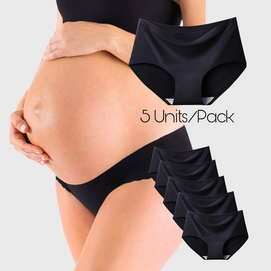 Easelyn Seamless Maternity Briefs — 5 Pack in black, five-pack shown with a maternity fit