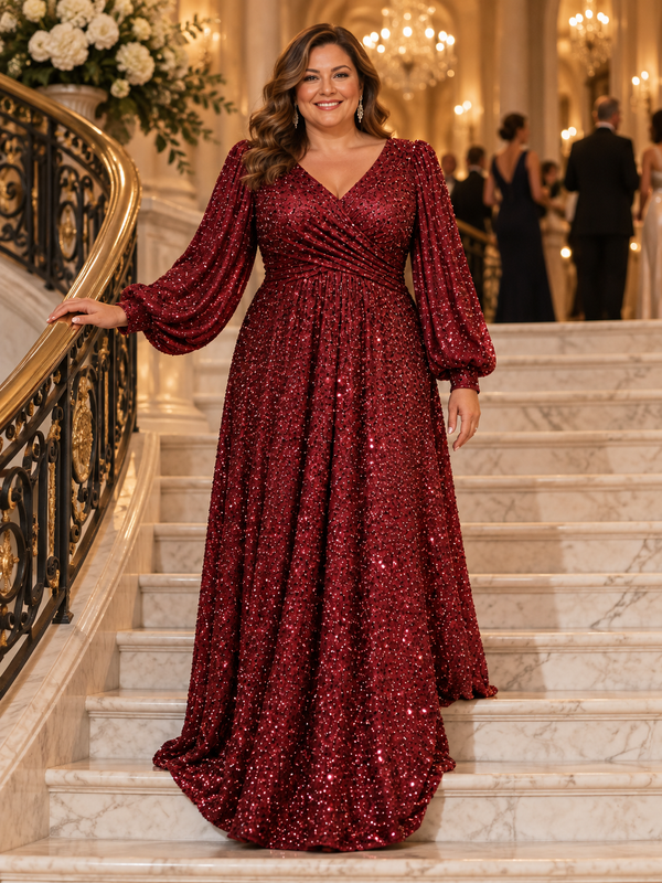 Easelyn Plus-Size Lantern-Sleeve Sequin Maxi Dress worn on a gala staircase