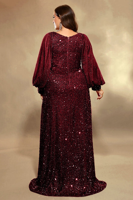 Easelyn Plus-Size Lantern-Sleeve Sequin Maxi Dress worn, back view