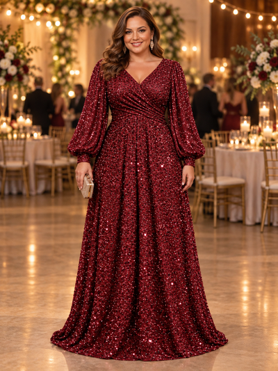 Easelyn Plus-Size Lantern-Sleeve Sequin Maxi Dress worn at a wedding reception