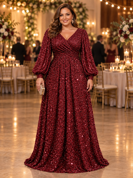 Easelyn Plus-Size Lantern-Sleeve Sequin Maxi Dress worn at a wedding reception