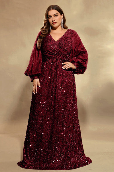 Easelyn Plus-Size Lantern-Sleeve Sequin Maxi Dress front view, hands on hips