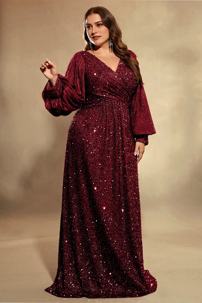 Easelyn Plus-Size Lantern-Sleeve Sequin Maxi Dress front view, full length